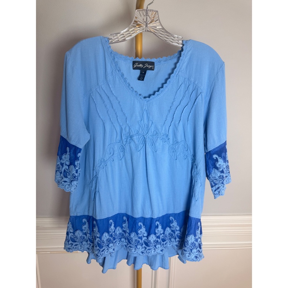 Gretty Zueger Embroidered Top Women Medium Blue Cotton Boho Lace Trim